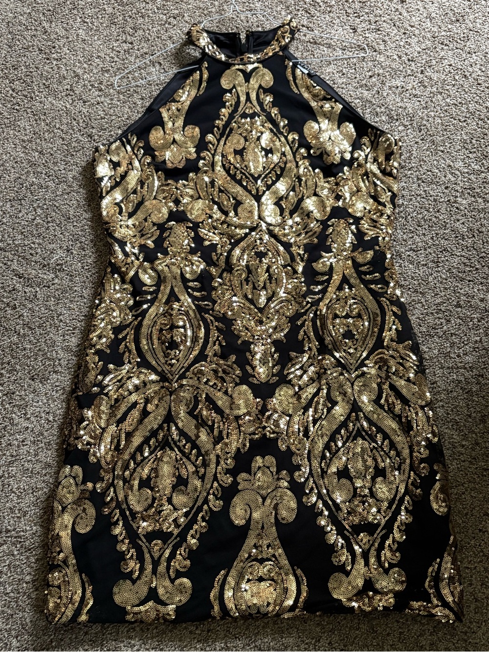 VENUS Black Mini Dress with Gold Sequin Baroque Design